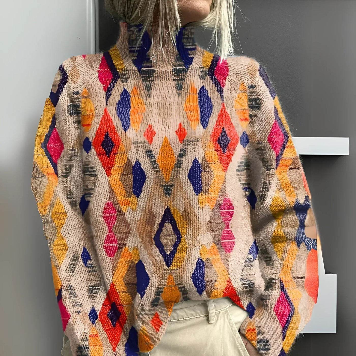 Aurora | Maglione a collo alto in maglia a rombi geometrici